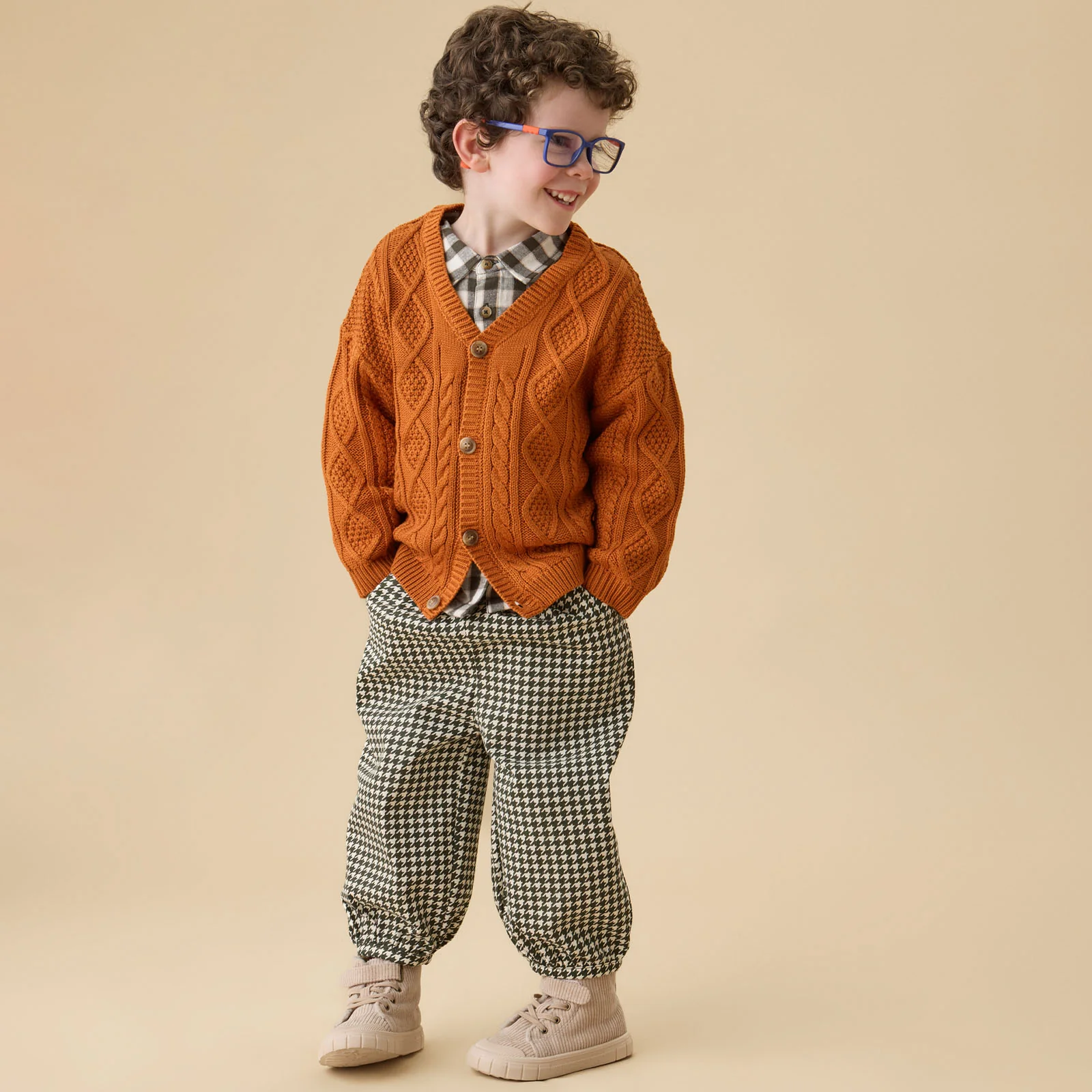 KIDLY by MORI Barrel Leg Houndstooth Trousers