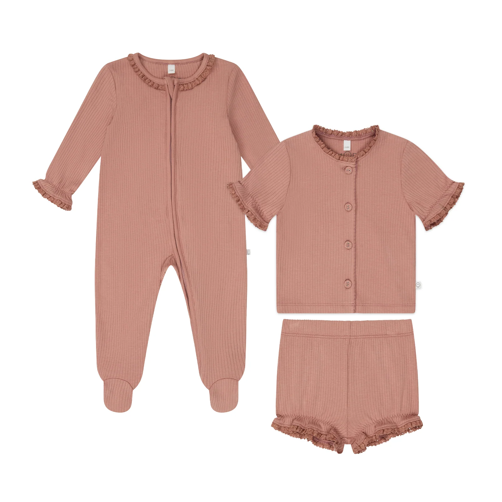 Lace Trim Ribbed Clever Zip Sleepsuit & Frilled Ribbed Cardigan and Shorts Outfit