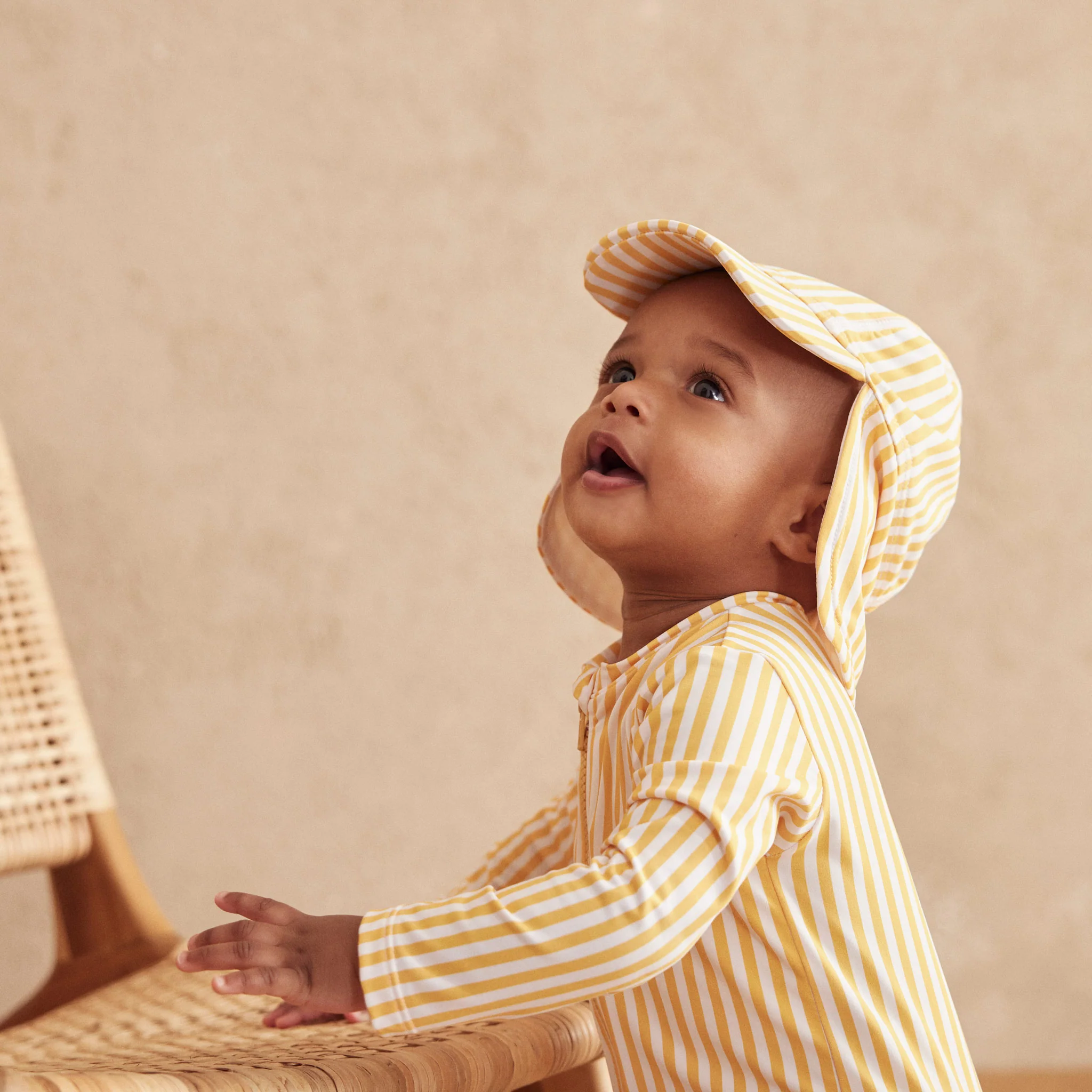 Mustard Stripe Sun Safe Suit & Swim Hat Set