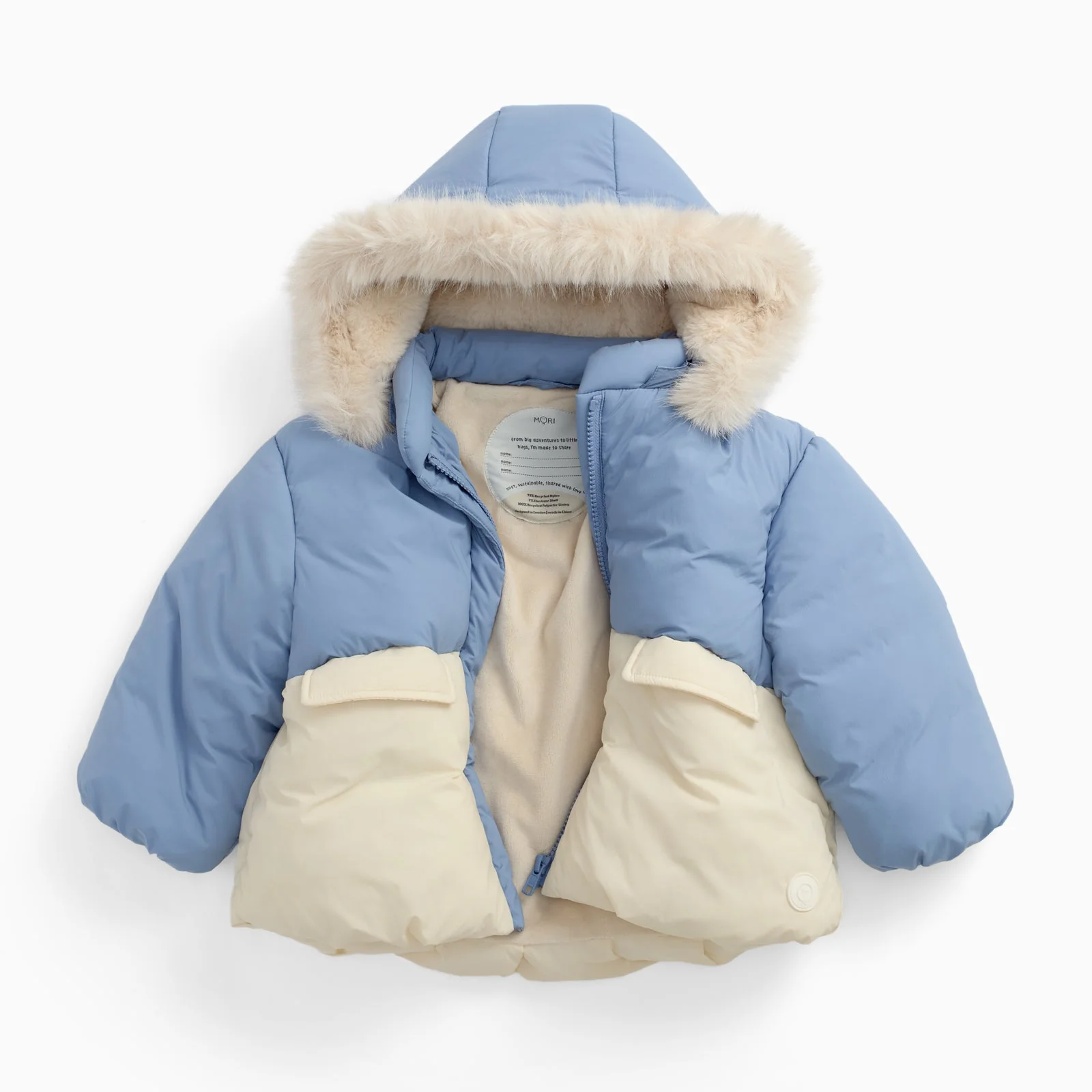 Padded Coat & Detachable Hood - Blue & Ecru - Image 2