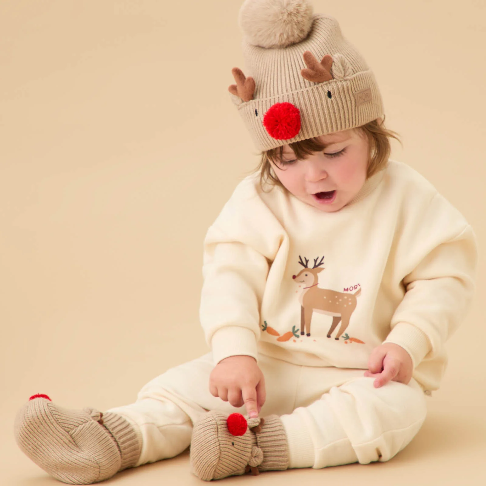 Reindeer Hat with Pompom and Booties Set