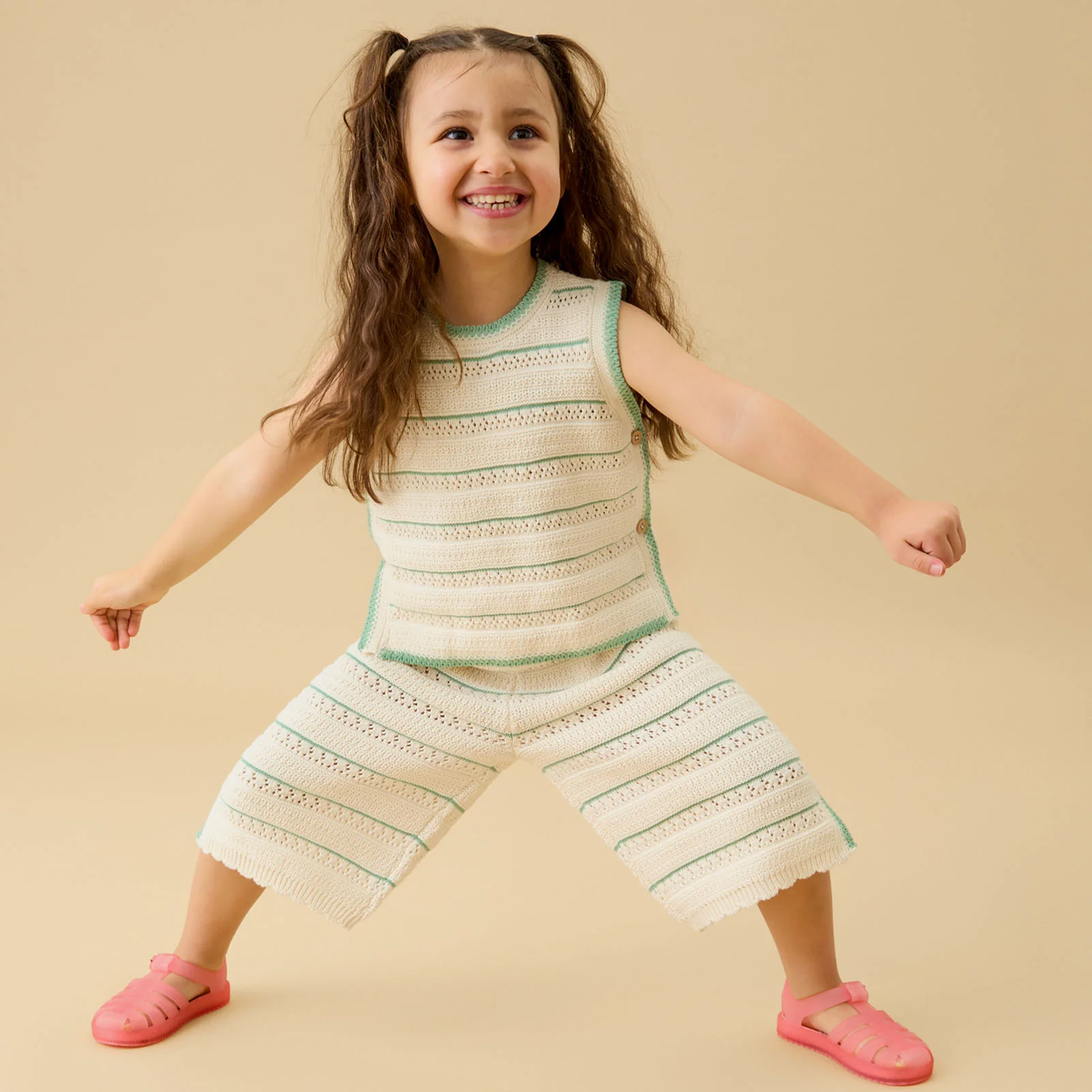 Striped Pointelle Knitted Top & Trousers Outfit