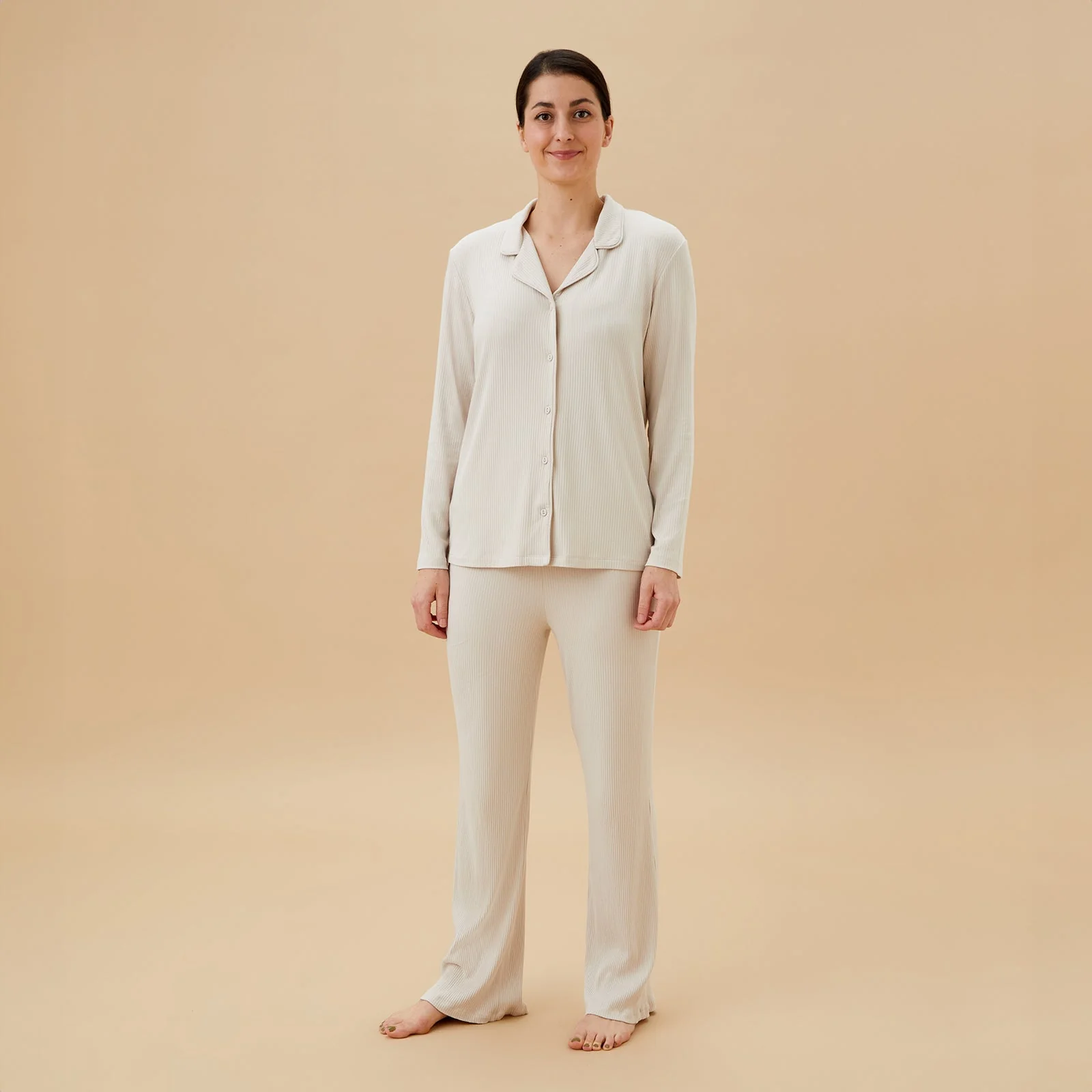 Women's Ribbed Collared Pyjamas - Ecru