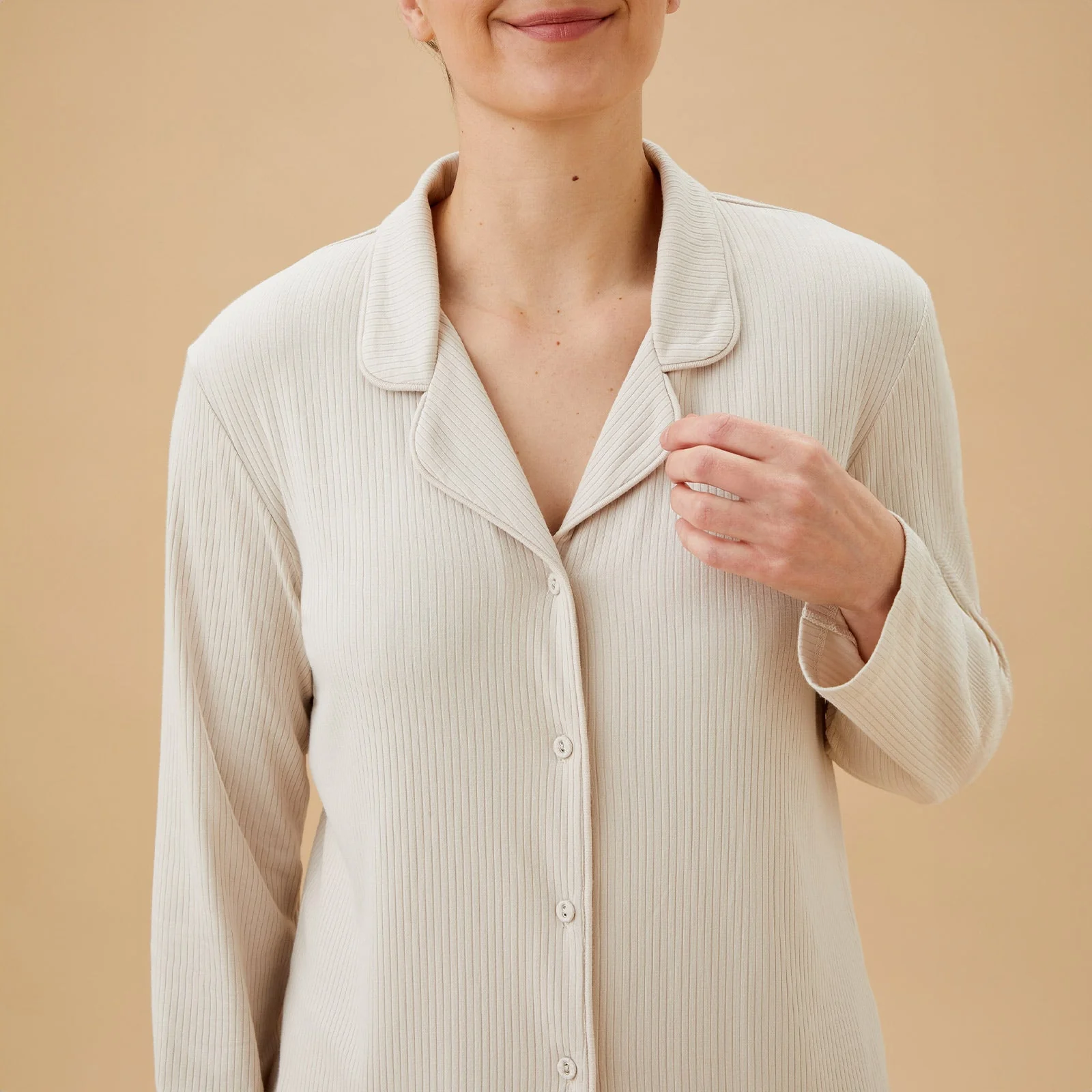 Women's Ribbed Collared Pyjamas - Ecru - Image 5