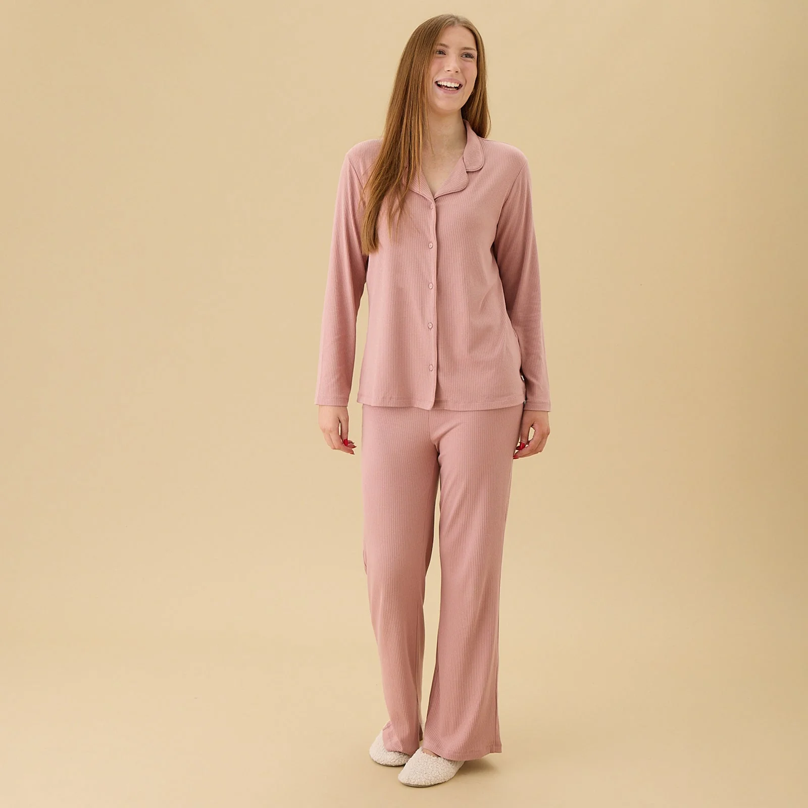 Women's Ribbed Collared Pyjamas - Rose